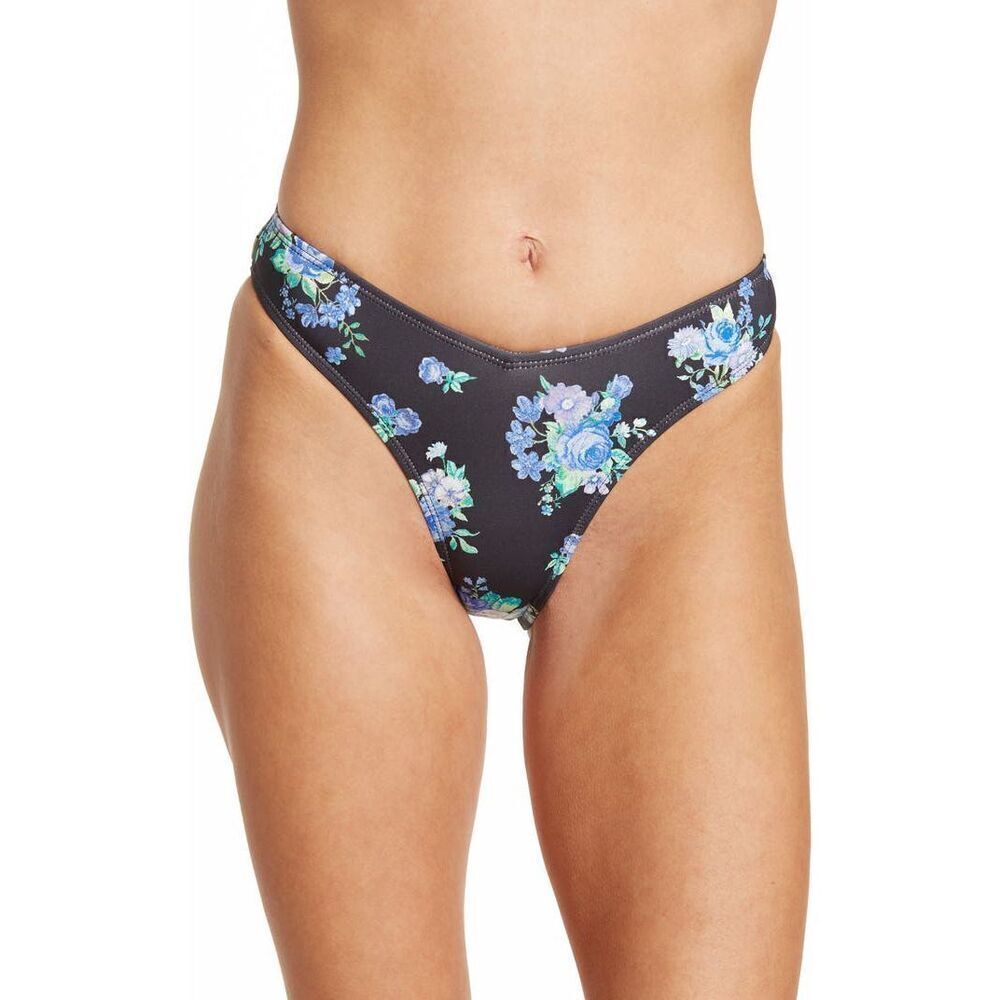 WeWoreWhat Womens Bikini Bottom L V Shaped Black Floral Ruffle Accent Cheeky